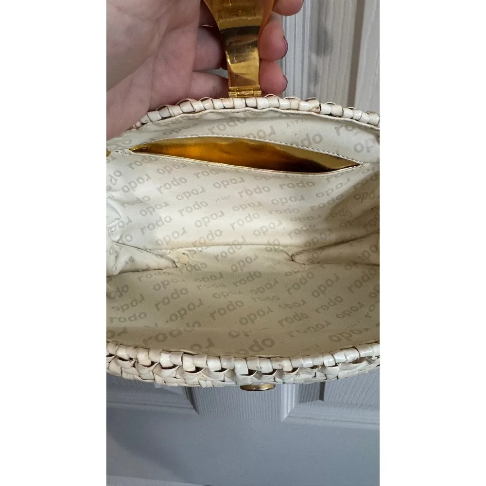 Rodo Italy Cream Woven Wicker Clutch Purse Gold Chain Vintage Old Money Classic